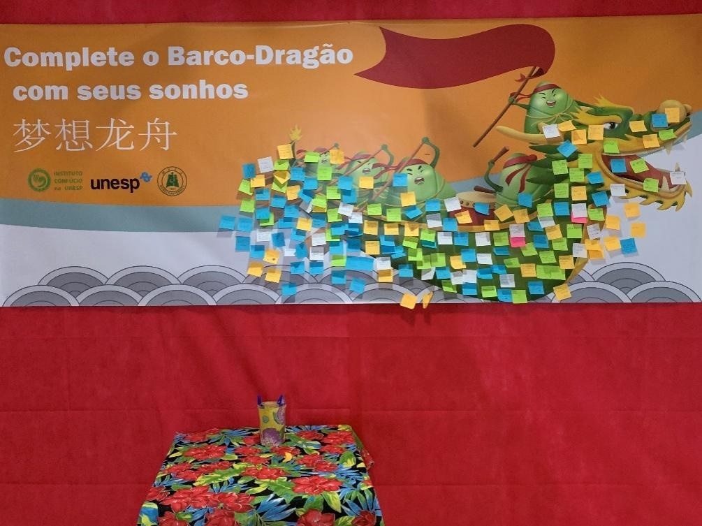 活動(dòng)現(xiàn)場設(shè)置了“夢想龍舟”環(huán)節(jié)，大家將自己寫下的心愿貼在“龍舟”上，期盼“龍舟”承載自己的夢想駛向更美好的未來。（圣保羅州立大學(xué)孔子學(xué)院供圖）