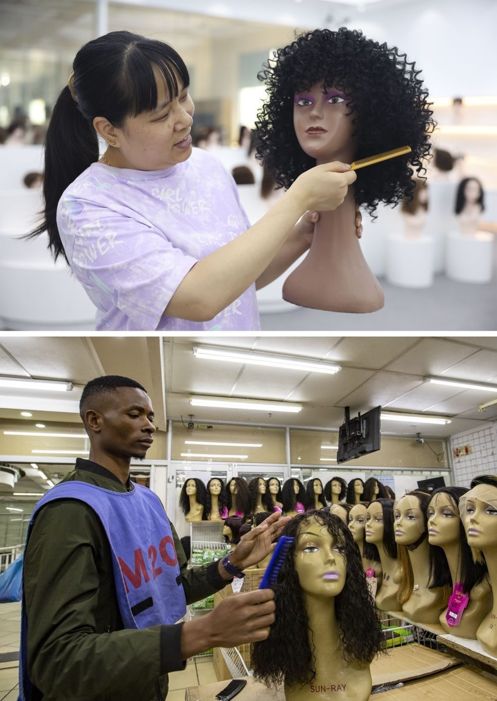 拼版照片：上圖為2023年5月25日，工人在湖南邵陽陽光發(fā)品有限公司展廳展示假發(fā)（新華社記者薛宇舸攝）；下圖為2023年6月9日，一名店員在湖南邵陽陽光發(fā)品有限公司位于南非約翰內(nèi)斯堡的店鋪內(nèi)展示假發(fā)（新華社記者張譽(yù)東攝）。新華社發(fā)