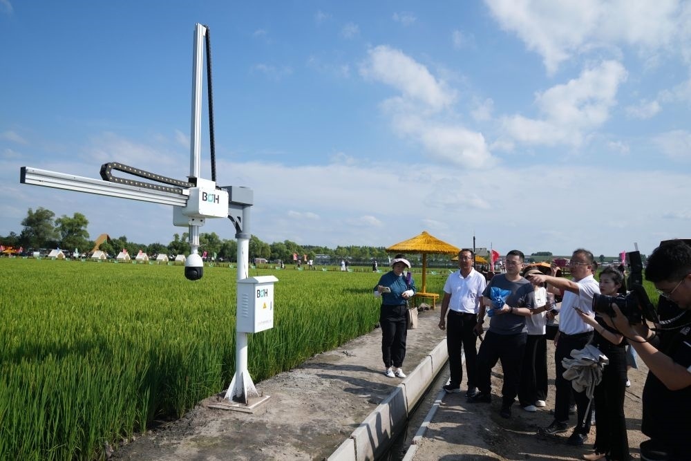 在北大荒集團(tuán)閆家崗農(nóng)場(chǎng)有限公司農(nóng)業(yè)現(xiàn)代化示范區(qū)，工作人員在介紹利用數(shù)字技術(shù)的葉齡診斷儀（2023年8月10日攝）。新華社記者 王建威 攝