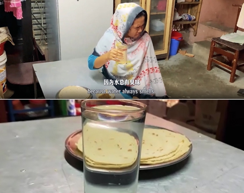 圖為紀(jì)實(shí)短片截圖：上圖為水質(zhì)未改善前，飲用水發(fā)黃渾濁；下圖為水廠建成后，飲用水水質(zhì)明顯改善，清澈透明。