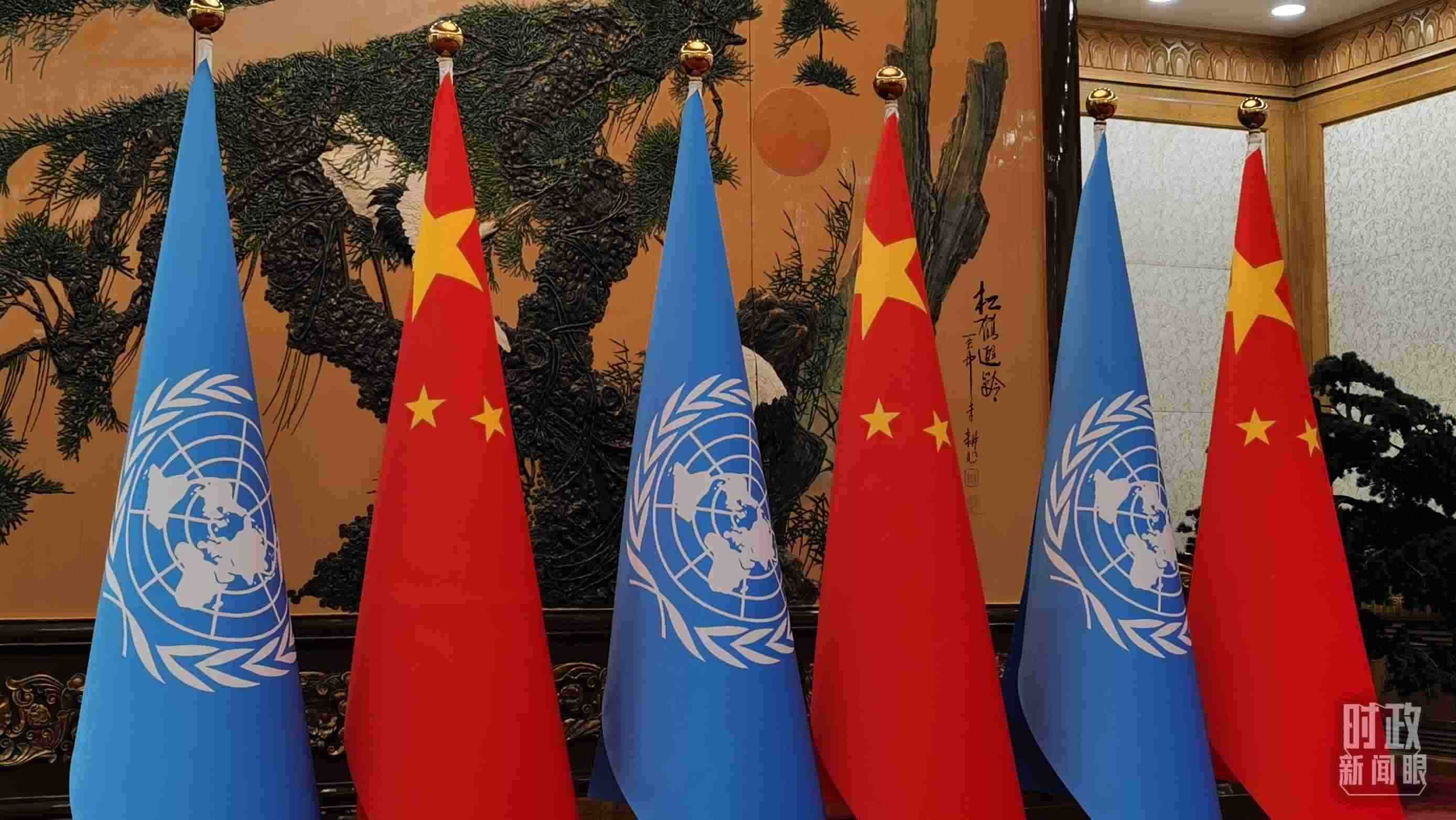 △會(huì)見現(xiàn)場的中國國旗和聯(lián)合國旗。（總臺央視記者郭鴻拍攝）
