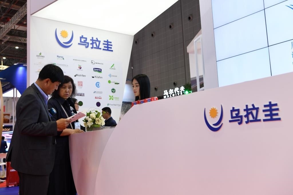 2019年11月6日，參觀者在第二屆進(jìn)博會(huì)烏拉圭國家館展臺(tái)咨詢。