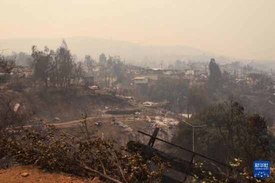 這是2月3日在智利瓦爾帕萊索大區(qū)比尼亞德爾馬市拍攝的在森林火災中燒毀的房屋。新華社發(fā)