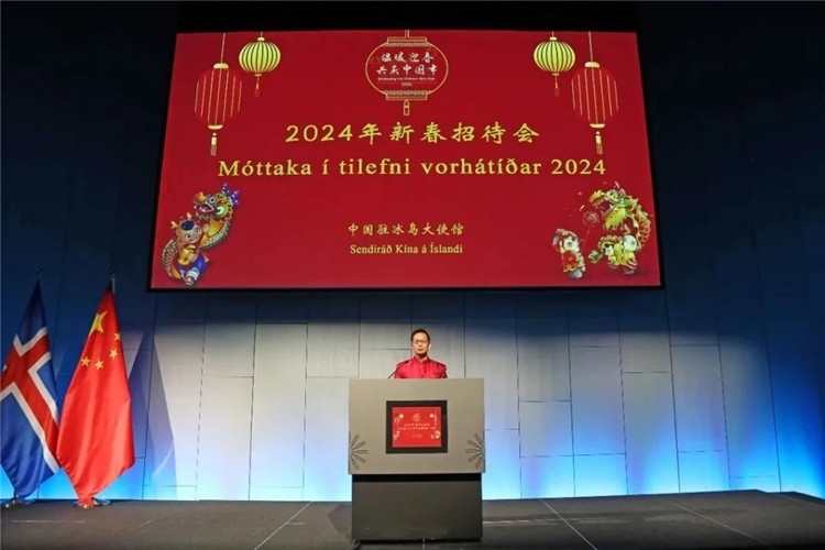 中國駐冰島大使何儒龍致辭。中國駐冰島大使館供圖