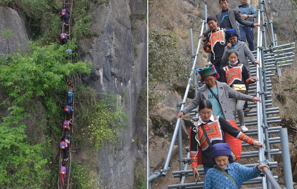 “懸崖村”今昔對比：左圖為2016年5月14日，“懸崖村”的孩子們攀爬木梯回家。右圖為2020年5月13日，“懸崖村”村民帶著行李通過鋼梯下山，搬遷至易地扶貧集中安置點的新家。