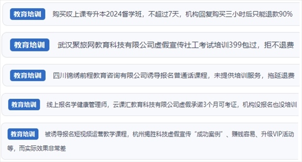 “人民投訴”用戶舉報(bào)機(jī)構(gòu)虛假宣傳包過包拿證、虛假承諾收益效果、課程服務(wù)貨不對(duì)板、退款難等在線教培亂象。（“人民投訴”平臺(tái)截圖）