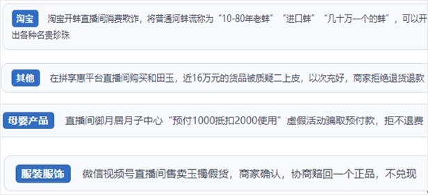“人民投訴”用戶投訴直播間網(wǎng)購珠寶玉石、家電、培訓(xùn)課程等產(chǎn)品遭遇欺詐的情況。（“人民投訴”平臺(tái)截圖）