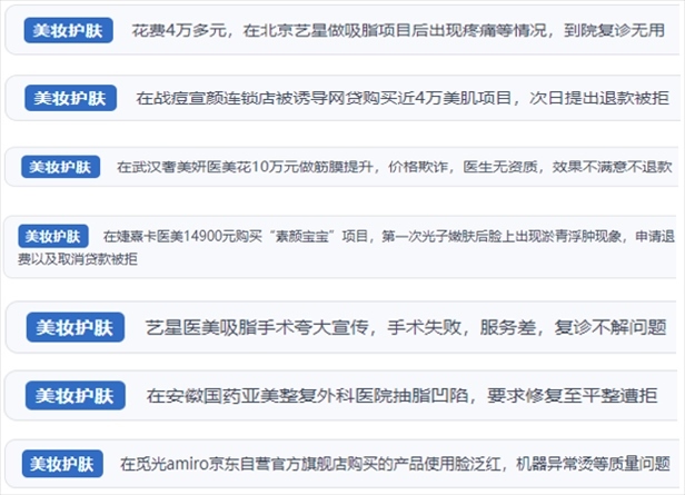 “人民投訴”用戶舉報(bào)醫(yī)美未達(dá)預(yù)期效果或?qū)е律眢w損傷退款遭拒、機(jī)構(gòu)及服務(wù)人員虛假資質(zhì)、被誘導(dǎo)高額醫(yī)美貸、網(wǎng)購美容儀器質(zhì)量不過關(guān)等問題。（“人民投訴”平臺(tái)截圖）