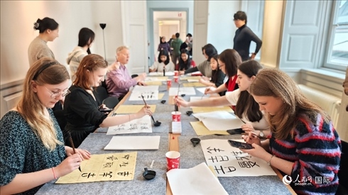 瑞典書法愛好者專心學習書法。人民網(wǎng)記者 殷淼攝