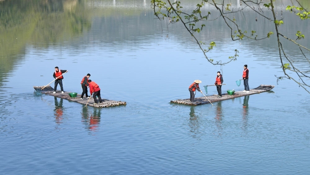 浙江省臺(tái)州市仙居縣步路鄉(xiāng)黨員志愿者與河長(zhǎng)一起在永安溪巡河護(hù)水，清理雜物垃圾（2024年3月20日攝）。新華社發(fā)（王華斌攝）