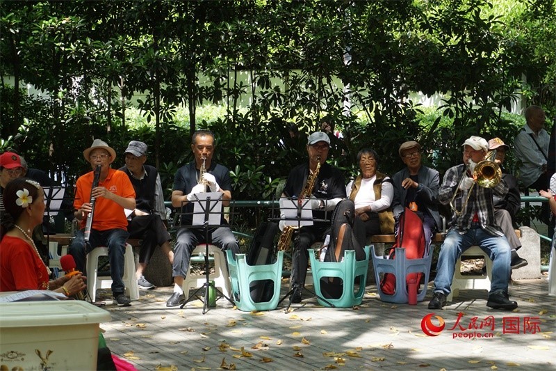 成都居民在公園里演奏歌曲。人民網(wǎng) 王禹蘅攝