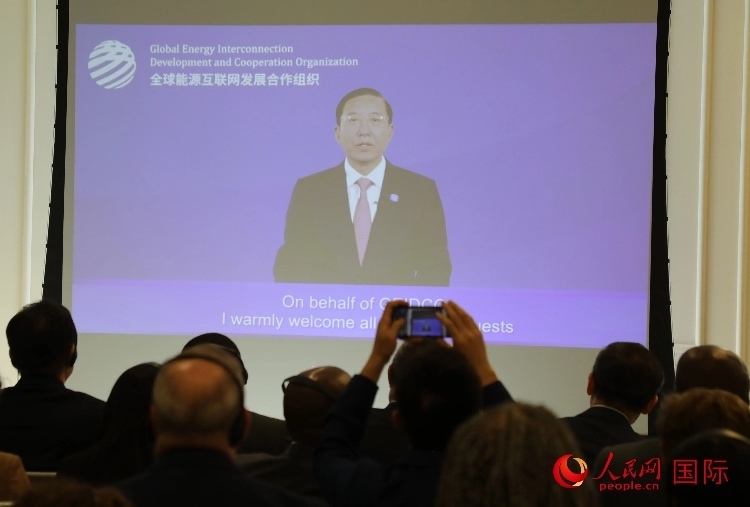 全球能源互聯網發(fā)展合作組織主席、中國電力企業(yè)聯合會理事長辛保安通過視頻方式致辭。人民網記者 李志偉攝