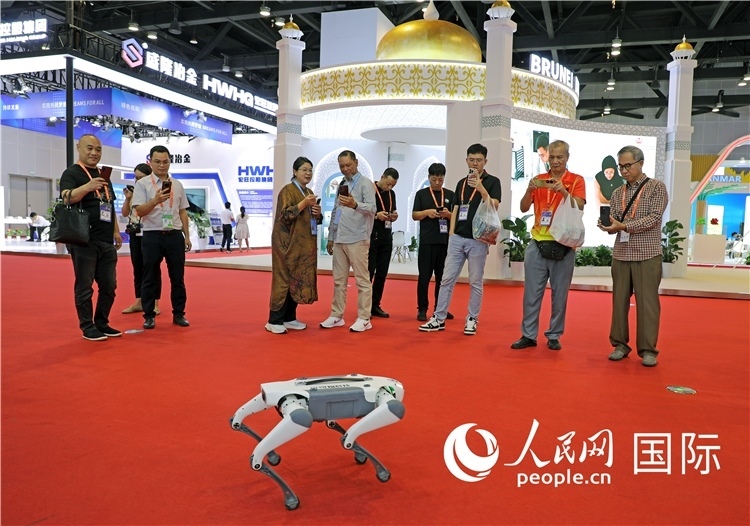 東博會(huì)上，觀眾正在參觀一只機(jī)器狗。綠色能源、新能源汽車、綠色農(nóng)產(chǎn)品等成為本屆東博會(huì)觀眾關(guān)注的焦點(diǎn)。人民網(wǎng)記者 趙益普攝