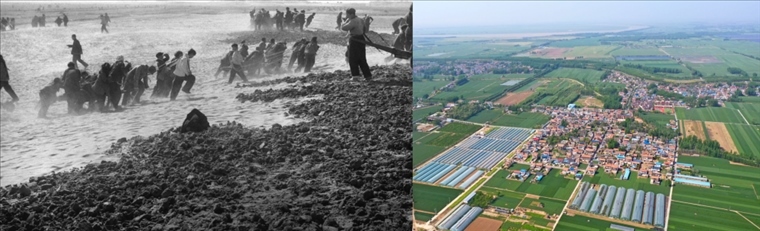 拼版照片：左圖為蘭考群眾在拉淤土壓沙（新華社記者 鄧歷耕 攝）；右圖為2024年4月25日拍攝的蘭考縣張莊村（無人機(jī)照片，新華社記者 郝源 攝）。