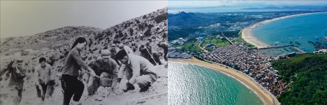 拼版照片：左圖為東山縣群眾在荒山上種植樹苗（資料照片）；右圖為2020年6月18日拍攝的東山縣陳城鎮(zhèn)澳角村附近風(fēng)光（無人機(jī)照片，新華社記者 姜克紅 攝）。