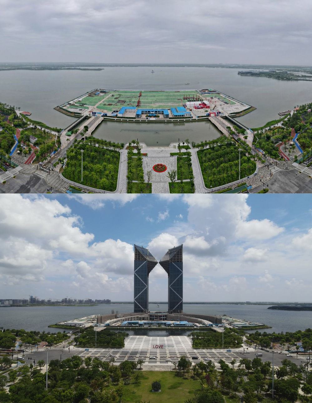 拼版照片：空中俯瞰中國（上海）自由貿(mào)易試驗區(qū)臨港新片區(qū)滴水湖西島中銀金融中心項目現(xiàn)場（上圖為2021年6月20日攝，無人機(jī)照片；下圖為2024年8月14日攝，無人機(jī)照片）。2019年8月20日，臨港新片區(qū)揭牌成立，一個開放新高地在長江與東海交匯處日益崛起。