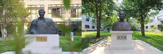 △左圖為中央黨校（國(guó)家行政學(xué)院）校園內(nèi)的焦裕祿雕塑，右圖為校園內(nèi)的谷文昌雕塑。