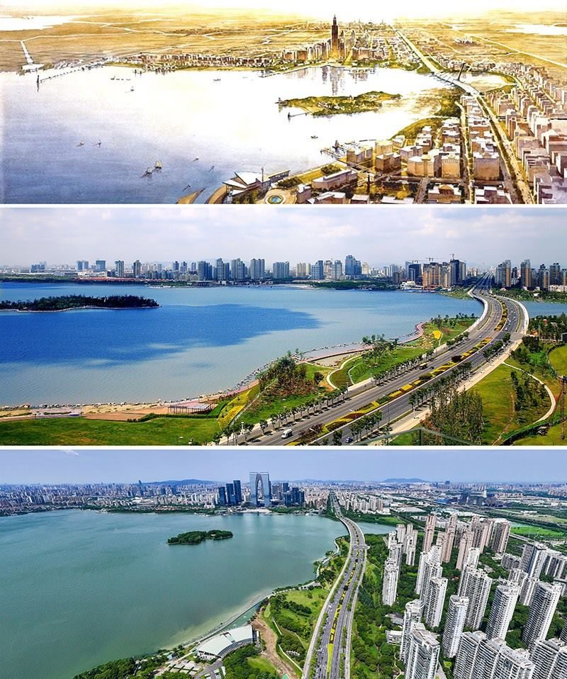 拼版照片：上圖為1994年繪制的蘇州工業(yè)園區(qū)手繪規(guī)劃圖；中圖為2007年拍攝的蘇州工業(yè)園區(qū)；下圖為2023年7月4日用無人機(jī)拍攝的蘇州工業(yè)園區(qū)。