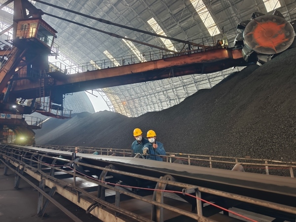 趙善國（右）和同事對電廠煤場進(jìn)行巡檢。受訪者供圖