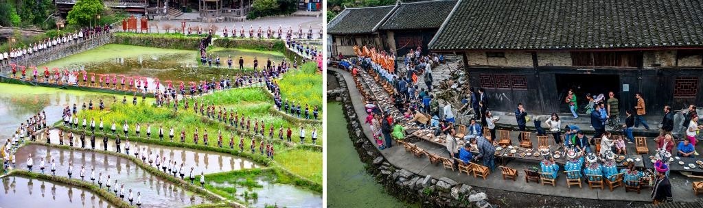 左圖：近期，人們在黎平縣肇興侗寨的田園里演唱侗族大歌（黎平縣委宣傳部供圖）；右圖：這是2023年拍攝的十八洞村長桌宴（湘西州委宣傳部供圖）。