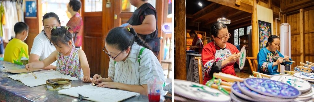 左圖：近期，游客在黎平縣肇興侗寨體驗(yàn)非遺蠟染藝術(shù)（黎平縣委宣傳部供圖）；右圖：這是2024年拍攝的繡娘在十八洞村梨子寨苗繡鄉(xiāng)村振興示范基地制作苗繡產(chǎn)品（湘西州委宣傳部供圖）。