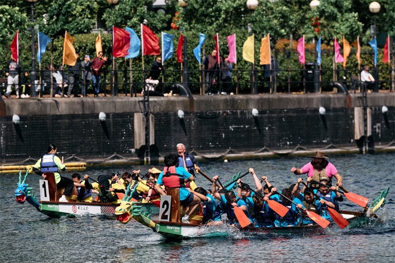 中英雙方的參賽隊(duì)伍參與龍舟競(jìng)渡。楊浩鵬攝